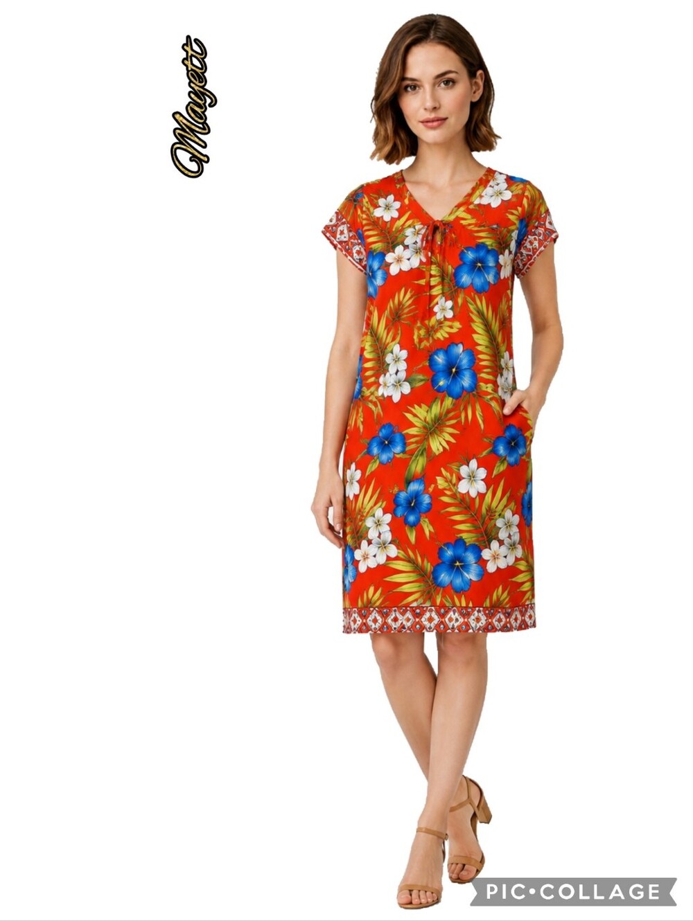 Mayette colorful Hawaiian print red floral v-neck short sleeve shift dress